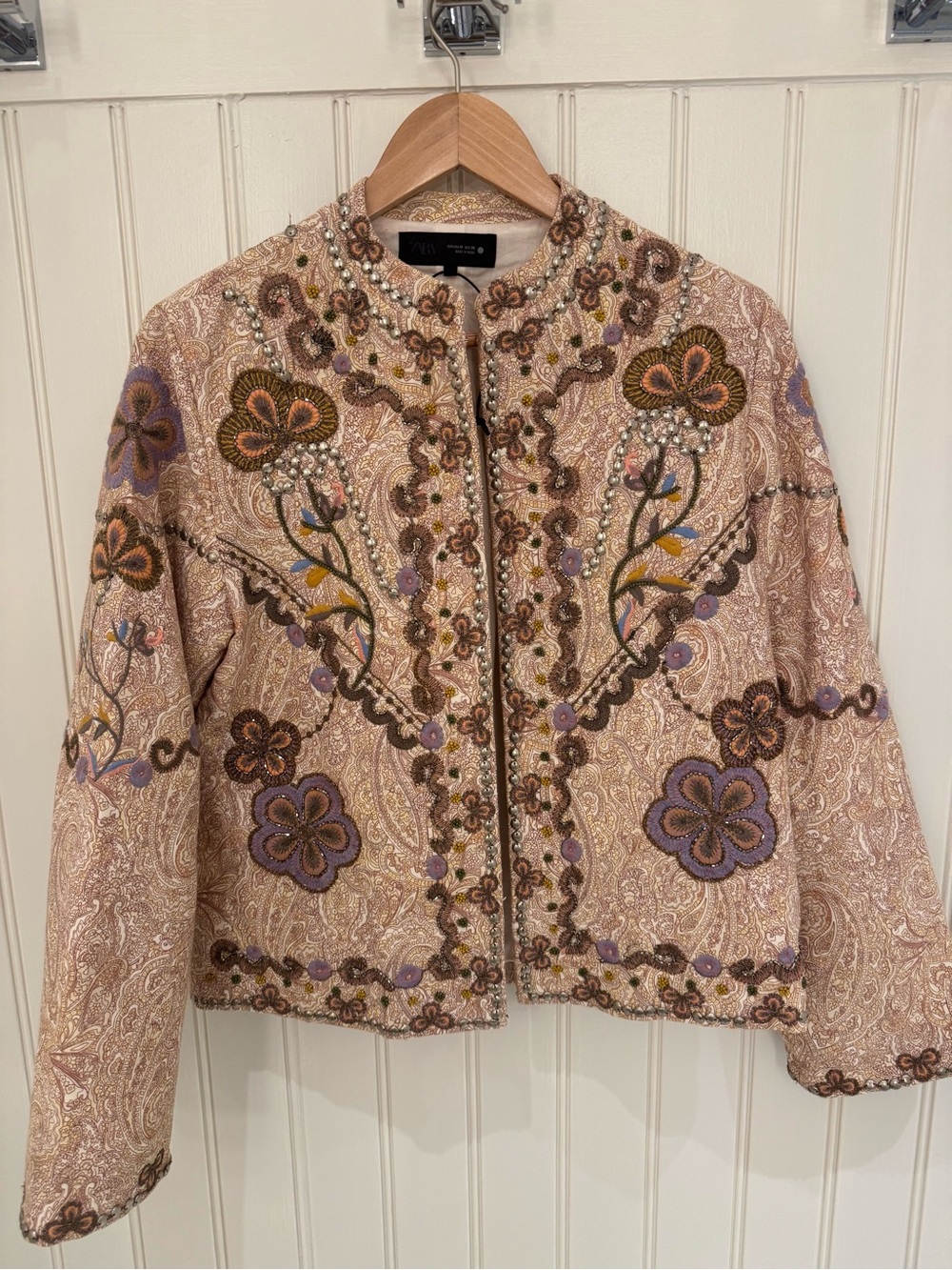 Zara embroidered paisley jacket in sand, blush pink with purple accents